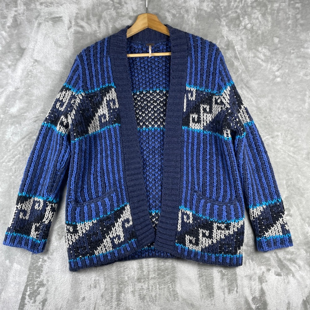 Free People Cardigan Women S Blue Aztec Tribal Chunky Knit Open Front OB450230
